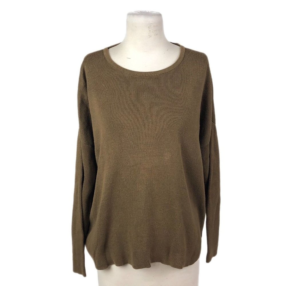 Eileen Fisher Olive Green Organic Cotton Split Hem Body Pullover Sweater Size S